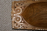 21"x9.5"x 4” STUNNING 1 OF A KIND HAND CARVED KWILA WOOD MUSEUM MASTERPIECE SAGO PLATTER DISH BOWL WITH ROUND  MOTHER OF PEARL INSERTS & DELICATE LACY INCISED BORDERS BY RENOWNED TRIBAL SCULPTOR TROBRIAND ISLANDS MELANESIA SOUTH PACIFIC COLLECTOR 2A108