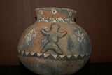 Rare 1980's Vintage Collectible Primitive Hand Crafted Vermasse Terracotta Pottery, Vessel from East Timor Island, Indonesia: 3D Raised Relief Decorative Geometric & Ancestor Motifs, colored with natural earthtone pigments 8" x 6.5" (24" Diameter) P35