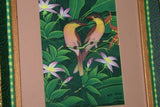 18”x 15” ORIGINAL DETAILED COLORFUL  BALINESE PAINTING ON CANVAS BY RENOWN UBUD ARTIST RAINFOREST PARADISE WITH FOLIAGE HIBISCUS FLOWERS BIRDS FRAMED IN SIGNED CUSTOM FRAME HANDPAINTED TO MATCH ARTWORK DECORATOR DESIGNER ART COLLECTOR MASTERPIECE DFBB58