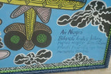 RARE UNIQUE COLORFUL  FOLK ART PAINTING PAPUA NEW GUINEA HUMOROUS ARTIST: TRIBAL WARRIORS TRAVELLING BY AIRPLANE & FRAMED IN SIGNED HAND PAINTED FRAME TO MATCH THE ART DESIGNER COLLECTOR WALL CARTOON  ART  42” by 30 1/2”HUGE DFP11
