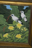 FRAMED 19”x 15.5” ORIGINAL DETAILED COLORFUL  BALINESE PAINTING ON CANVAS BY RENOWN UBUD ARTIST RAINFOREST PARADISE WITH NATURE FOLIAGE HIBISCUS STARLING BIRDS BANANA LEAVES DFBB45 DECORATOR DESIGNER ART COLLECTOR ARTWORK  MASTERPIECE