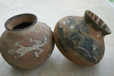1980 Primitive Hand Crafted Vermasse Terracotta Pottery, Vessel from East Timor Island, Indonesia: 3D Raised Relief Decorative Motifs of man & gecko colored with natural earthtone Pigments 9" x 8" (28" Diameter) P29A