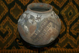 Rare 1980's Vintage Collectible Primitive Hand Crafted Vermasse Terracotta Pottery, Vessel from East Timor Island, Indonesia: 3D Raised Relief Decorative Geometric & Ancestor Motifs, colored with natural earthtone pigments 8" x 7" (22.5" Diameter) P25