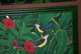 GIGANTIC 31”x 25” ORIGINAL DETAILED COLORFUL  BALINESE PAINTING ON CANVAS BY RENOWN UBUD ARTIST RAINFOREST PARADISE WITH FOLIAGE HIBISCUS FLOWERS BIRDS FRAMED IN CUSTOM FRAME HAND PAINTED TO MATCH DFBB13 DESIGNER COLLECTOR ARTWORK MASTERPIECE