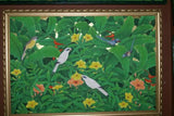GIGANTIC 38”x 26” ORIGINAL DETAILED COLORFUL  BALINESE PAINTING ON CANVAS BY RENOWN UBUD ARTIST TROPICAL RAINFOREST WITH FOLIAGE STARLINGS BIRD OF PARADISE FLOWERS HIBISCUS FRAMED IN HAND PAINTED CUSTOM FRAME DFBB17 UNIQUE DESIGNER COLLECTOR MASTERPIECE