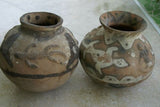CHOICE OF 1 OR BOTH. 1980's Rare Hand Crafted Vermasse Terracotta Pottery Pot from East Timor Islands, Indonesia. CHOICE OF: Shapes Motif (P14) and/or Geckos Motif (P5) both approximately 8.5" x 7" (28" Diameter)