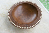 STUNNING 1 OF A KIND HAND CARVED KWILA WOOD MUSEUM MASTERPIECE SAGO PLATTER DISH BOWL WITH MOTHER OF PEARL INSERTS & DELICATE LACY INCISED BORDER BY RENOWNED TRIBAL SCULPTOR 11X11X3.5 TROBRIAND ISLANDS MELANESIA SOUTH PACIFIC DESIGNER COLLECTOR 2A31