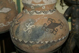 Rare 1980's Vintage Collectible Primitive Hand Crafted Vermasse Terracotta Pottery, Vessel from East Timor Island, Indonesia: 3D Raised Relief Decorative Geometric & Ancestor Motifs, colored with natural earthtone pigments 8" x 6.5" (24" Diameter) P35