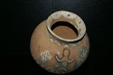 Rare 1980's Vintage Collectible Primitive Hand Crafted Vermasse Terracotta Pottery, Vessel from East Timor Island, Indonesia: 3D Raised Relief Decorative Geometric & Ancestor Motifs, colored with natural earthtone pigments 8" x 6.5" (24" Diameter) P35