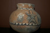 Rare 1980's Vintage Collectible Primitive Hand Crafted Vermasse Terracotta Pottery, Vessel from East Timor Island, Indonesia: 3D Raised Relief Decorative Geometric & Ancestor Motifs, colored with natural earthtone pigments 8" x 6.5" (24" Diameter) P35