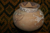 Rare 1980's Vintage Collectible Primitive Hand Crafted Vermasse Terracotta Pottery, Vessel from East Timor Island, Indonesia: 3D Raised Relief Gecko Motifs  & Decorative Geometrics colored with natural earthtone pigments 8.5" x 7" (25" Diameter) P38