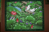 GIGANTIC 33”x 27.5” ORIGINAL DETAILED COLORFUL  BALINESE PAINTING ON CANVAS BY RENOWN UBUD ARTIST RAINFOREST PARADISE WITH FOLIAGE STARLING BIRDS WATERFALL LOTUS FRAMED IN HAND PAINTED CUSTOM FRAME DFBB2 DESIGNER WALL DÉCOR COLLECTOR ARTWORK MASTERPIECE