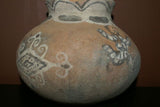 Rare 1980's Vintage Collectible Primitive Hand Crafted Vermasse Terracotta Pottery, Vessel from East Timor Island, Indonesia: Adorned with Decorative Geometric & 3D Raised Relief Ancestors Motifs colored with natural earthtone pigments 8.5" x 6.5", P15