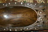 2 LARGE STUNNING HAND CARVED ROSEWOOD MUSEUM MASTERPIECES SAGO PLATTER DISH BOWLS WITH MOTHER OF PEARL INSERTS & DELICATELY INCISED LACY BORDERS BY RENOWNED TRIBAL SCULPTOR TROBRIAND ISLANDS MELANESIA SOUTH PACIFIC COLLECTOR DESIGN 2A89 & 2A27.
