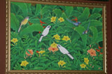 GIGANTIC 38”x 26” ORIGINAL DETAILED COLORFUL  BALINESE PAINTING ON CANVAS BY RENOWN UBUD ARTIST TROPICAL RAINFOREST WITH FOLIAGE STARLINGS BIRD OF PARADISE FLOWERS HIBISCUS FRAMED IN HAND PAINTED CUSTOM FRAME DFBB17 UNIQUE DESIGNER COLLECTOR MASTERPIECE