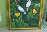 GIGANTIC 31”x 25”  ORIGINAL DETAILED COLORFUL  BALINESE PAINTING ON CANVAS SIGNED BY RENOWN UBUD ARTIST RAINFOREST PARADISE WITH FOLIAGE FRUIT HIBISCUS STARLING BIRDS FRAMED IN SIGNED CUSTOM FRAME HANDPAINTED TO MATCH  ARTWORK DFBB4 DESIGNER COLLECTOR
