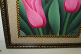 21.5”x 17”DETAILED COLORFUL BALINESE PAINTING ON CANVAS BY RENOWN UBUD ARTIST HOT PINK TULIPS FRAMED IN SIGNED CUSTOM FRAME HAND PAINTED WITH DETAIL TO INHANCE THE ARTWORK & WITH REAL SAND MAT DFBF1 DECORATOR DESIGNER ART COLLECTOR HOME DÉCOR