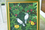 GIGANTIC 31”x 25”  ORIGINAL DETAILED COLORFUL  BALINESE PAINTING ON CANVAS SIGNED BY RENOWN UBUD ARTIST RAINFOREST PARADISE WITH FOLIAGE FRUIT HIBISCUS STARLING BIRDS FRAMED IN SIGNED CUSTOM FRAME HANDPAINTED TO MATCH  ARTWORK DFBB4 DESIGNER COLLECTOR