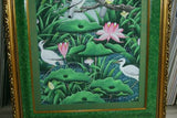 GIGANTIC 31”x 25” ORIGINAL DETAILED COLORFUL  BALINESE PAINTING ON CANVAS SIGNED BY RENOWN UBUD ARTIST RAINFOREST PARADISE WITH FOLIAGE POND LOTUS FLOWERS IBIS EGRET STARLING BIRDS FRAMED IN SIGNED CUSTOM FRAME HAND PAINTED TO MATCH DFBB12 DESIGNER ART