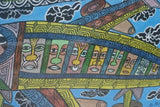 RARE UNIQUE COLORFUL  FOLK ART PAINTING PAPUA NEW GUINEA HUMOROUS ARTIST: TRIBAL WARRIORS TRAVELLING BY AIRPLANE & FRAMED IN SIGNED HAND PAINTED FRAME TO MATCH THE ART DESIGNER COLLECTOR WALL CARTOON  ART  42” by 30 1/2”HUGE DFP11