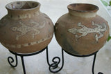 Rare 1980's Vintage Primitive Hand Crafted Vermasse Terracotta Pottery, Vessel from East Timor, Indonesia: Raised Decorative Motifs of man & gecko & natural earthtone Pigments 8" x 9" (28" Diameter) P26