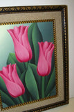 21.5”x 17”DETAILED COLORFUL BALINESE PAINTING ON CANVAS BY RENOWN UBUD ARTIST HOT PINK TULIPS FRAMED IN SIGNED CUSTOM FRAME HAND PAINTED WITH DETAIL TO INHANCE THE ARTWORK & WITH REAL SAND MAT DFBF1 DECORATOR DESIGNER ART COLLECTOR HOME DÉCOR
