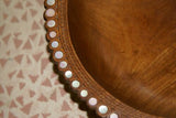 10”x 10”x 3” STUNNING HAND CARVED KWILA WOOD MUSEUM MASTERPIECE SAGO PLATTER DISH BOWL WITH ROUND  MOTHER OF PEARL INSERTS & DELICATE LACY INCISED BORDERS BY RENOWNED TRIBAL SCULPTOR TROBRIAND ISLANDS MELANESIA SOUTH PACIFIC COLLECTOR DESIGNER ART 2A35
