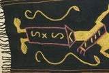 Rare old ceremonial hand spun hand woven black hemp textile loin cloth, Protective royal ancestor motif guarded by marine animals, Embroidery is hand twisted bark rope fiber twine. Melolo Village Sumba Indonesia RE4