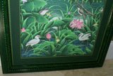 30”x 25” MASTERPIECE DETAILED COLORFUL  BALINESE PAINTING ON CANVAS RENOWN UBUD ARTIST RAINFOREST PARADISE FOLIAGE POND LOTUS EGRET HERON BIRD FRAMED IN SIGNED CUSTOM FRAME HAND PAINTED TO MATCH  ARTWORK DFBB6 DECORATOR DESIGNER ART COLLECTOR HOME DÉCOR