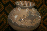 Rare 1980's Vintage Collectible Primitive Hand Crafted Vermasse Terracotta Pottery, Vessel from East Timor Island, Indonesia: Raised Relief Decorative Motifs of man & gecko colored with natural earthtone Pigments 7" x 9" (25.5" Diameter) P20