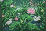 30”x 25” MASTERPIECE DETAILED COLORFUL  BALINESE PAINTING ON CANVAS RENOWN UBUD ARTIST RAINFOREST PARADISE FOLIAGE POND LOTUS EGRET HERON BIRD FRAMED IN SIGNED CUSTOM FRAME HAND PAINTED TO MATCH  ARTWORK DFBB6 DECORATOR DESIGNER ART COLLECTOR HOME DÉCOR