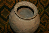 Rare 1980's Vintage Collectible Primitive Hand Crafted Vermasse Terracotta Pottery, Vessel from East Timor Island, Indonesia: 3D Raised Relief Decorative Geometric & Gecko Motifs colored with natural earth tone pigments 7" x 9" (24 Diameter) P30