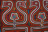 Kuna Indian Folk Art Mola Blouse Panel from San Blas Islands, Panama. Hand stitched Applique Textile: Mirror Image Oil Lamps with Flame Shaped into Birds 16" x 11.75" (79B)