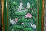 GIGANTIC 31”x 25” ORIGINAL DETAILED COLORFUL  BALINESE PAINTING ON CANVAS SIGNED BY RENOWN UBUD ARTIST RAINFOREST PARADISE WITH FOLIAGE POND LOTUS FLOWERS IBIS EGRET STARLING BIRDS FRAMED IN SIGNED CUSTOM FRAME HAND PAINTED TO MATCH DFBB12 DESIGNER ART