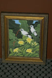 FRAMED 19”x 15.5” ORIGINAL DETAILED COLORFUL  BALINESE PAINTING ON CANVAS BY RENOWN UBUD ARTIST RAINFOREST PARADISE WITH NATURE FOLIAGE HIBISCUS STARLING BIRDS BANANA LEAVES DFBB45 DECORATOR DESIGNER ART COLLECTOR ARTWORK  MASTERPIECE
