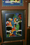 RARE 1988 BARBARA WALLACE LARGE GIGANTIC COLORFUL  & VIBRANT POSTER OF MACAW PARROTS DOUBLE MATTED IN UNIQUE SIGNED ARTIST HAND PAINTED FRAME 38"X 27” TROPICAL EXPRESSIONISM ART