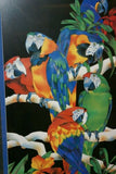 RARE 1988 BARBARA WALLACE LARGE GIGANTIC COLORFUL  & VIBRANT POSTER OF MACAW PARROTS DOUBLE MATTED IN UNIQUE SIGNED ARTIST HAND PAINTED FRAME 38"X 27” TROPICAL EXPRESSIONISM ART