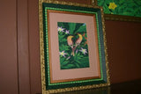 18”x 15” ORIGINAL DETAILED COLORFUL  BALINESE PAINTING ON CANVAS BY RENOWN UBUD ARTIST RAINFOREST PARADISE WITH FOLIAGE HIBISCUS FLOWERS BIRDS FRAMED IN SIGNED CUSTOM FRAME HANDPAINTED TO MATCH ARTWORK DECORATOR DESIGNER ART COLLECTOR MASTERPIECE DFBB58