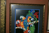 RARE 1988 BARBARA WALLACE LARGE GIGANTIC COLORFUL  & VIBRANT POSTER OF MACAW PARROTS DOUBLE MATTED IN UNIQUE SIGNED ARTIST HAND PAINTED FRAME 38"X 27” TROPICAL EXPRESSIONISM ART
