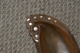 11”x 4.5”UNIQUE STUNNING HAND CARVED KWILA WOOD MUSEUM MASTERPIECE SAGO PLATTER DISH BOWL WITH MOTHER OF PEARL INSERTS & DELICATE INCISED BORDERS BY RENOWNED TRIBAL SCULPTOR FROM TROBRIAND ISLANDS MASSIM MELANESIA SOUTH PACIFIC COLLECTOR DESIGNER ART 2A49