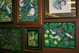 GIGANTIC 31”x 25” ORIGINAL DETAILED COLORFUL  BALINESE PAINTING ON CANVAS BY RENOWN UBUD ARTIST RAINFOREST PARADISE WITH FOLIAGE HIBISCUS FLOWERS STARLING BIRDS FRAMED IN CUSTOM FRAME HAND PAINTED TO MATCH DFBB39 DESIGNER COLLECTOR MASTERPIECE