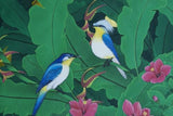 30”x 25” ORIGINAL DETAILED COLORFUL  BALINESE PAINTING ON CANVAS RENOWN UBUD ARTIST RAINFOREST PARADISE WITH FOLIAGE HIBISCUS BIRDS FRAMED IN SIGNED CUSTOM FRAME HANDPAINTED TO MATCH ARTWORK DFBB8 DECORATOR DESIGNER ART COLLECTOR