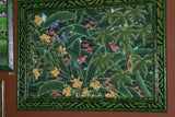 GIGANTIC 43”x 31”  ORIGINAL DETAILED COLORFUL BALINESE PAINTING ON CANVAS SIGNED BY RENOWN UBUD ARTIST RAINFOREST PARADISE WITH FOLIAGE FLOWERS HIBISCUS PARROTS  BIRDS FRAMED IN SIGNED CUSTOM FRAME HANDPAINTED TO MATCH  ARTWORK DFBB19 DESIGNER ART