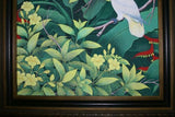 GIGANTIC FRAMED  41”x 30”  ORIGINAL MASTERPIECE DETAILED COLORFUL  BALINESE PAINTING ON CANVAS BY RENOWN UBUD ARTIST RAINFOREST PARADISE WITH FOLIAGE HIBISCUS ALAMEDA COCKATOO BIRD OF PARADISE ARTWORK DFBB16 DECORATOR DESIGNER ART COLLECTOR HOME DECOR