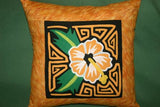 Kuna Indian Folk Art Mola from San Blas Islands, Panama. Hand stitched Textile Applique: Colorful Hibiscus Bloom, Black & White Maze Background 14" x 12.5" (355A)