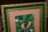 18”x 15” ORIGINAL DETAILED COLORFUL  BALINESE PAINTING ON CANVAS BY RENOWN UBUD ARTIST RAINFOREST PARADISE WITH FOLIAGE HIBISCUS FLOWERS BIRDS FRAMED IN SIGNED CUSTOM FRAME HANDPAINTED TO MATCH ARTWORK DECORATOR DESIGNER ART COLLECTOR MASTERPIECE DFBB58