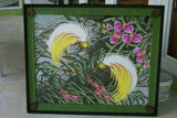 GIGANTIC 34.5”x 29” ORIGINAL DETAILED COLORFUL  BALINESE PAINTING ON CANVAS BY RENOWN UBUD ARTIST RAINFOREST PARADISE WITH FOLIAGE ORCHID FLOWERS BIRDS OF PARADISE FRAMED IN CUSTOM MATS & FRAME HAND PAINTED TO MATCH DFBB7 DESIGNER COLLECTOR MASTERPIECE