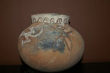 Rare 1980's Vintage Collectible Primitive Hand Crafted Vermasse Terracotta Pottery, Vessel from East Timor Island, Indonesia: 3D Raised Relief Gecko Motifs  & Decorative Geometrics colored with natural earthtone pigments 8.5" x 7" (25" Diameter) P38