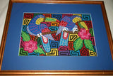 A Kuna Indian Folk Art Mola from San Blas Islands, Panama. Wall Decor, in Custom Frame & Mat. Hand stitched Textile Applique: Colorful Parrot & Hibiscus Flowers, plants 16" x 12" (DFM3)