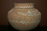 Rare 1980's Vintage Collectible Primitive Hand Crafted Vermasse Terracotta Pottery, Vessel from East Timor Island, Indonesia: 3D Raised Relief Gecko Motifs  & Decorative Geometrics colored with natural earthtone pigments 8.5" x 7" (24" Diameter) P24